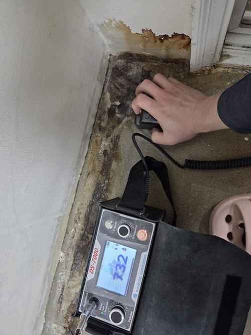 누수탐지 천장 얼룩과 벽지 들뜸을 확인하는 거실 점검 장면