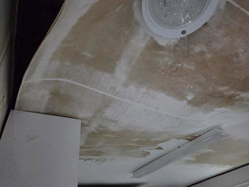 누수탐지 천장 모서리에 번진 얼룩의 경계를 확인하는 점검 장면