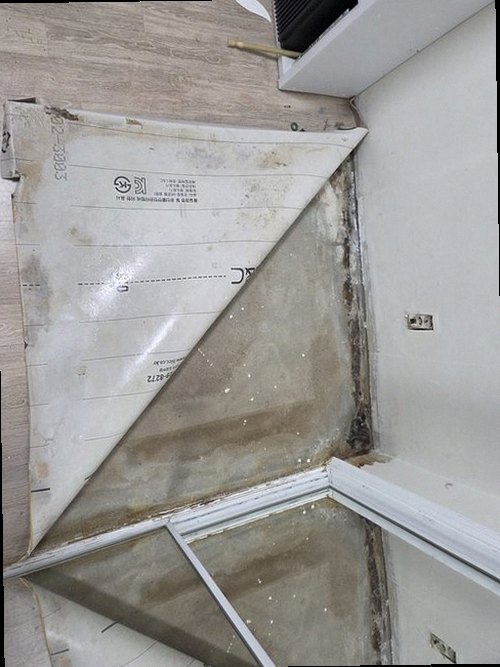 누수탐지 비가 온 뒤 벽면과 바닥에 나타난 누수 흔적