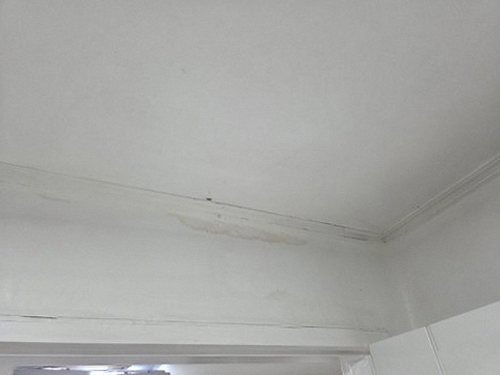 누수탐지 실내 천장과 벽면의 물 얼룩을 살펴보는 점검 장면