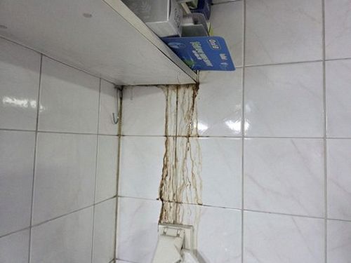 누수탐지 벽과 천장의 얼룩 범위 및 계량기 상태를 확인하는 점검 장면