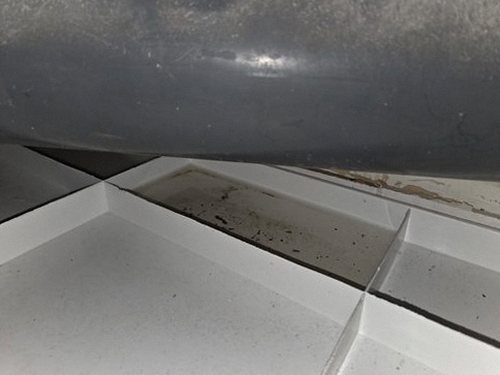누수탐지 벽지에 번진 얼룩과 천장 누수 흔적을 살펴보는 모습