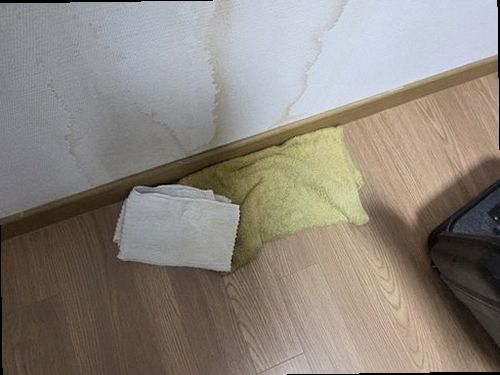 누수탐지 천장 내부의 의심 구간을 수분 측정 장비로 점검하는 모습