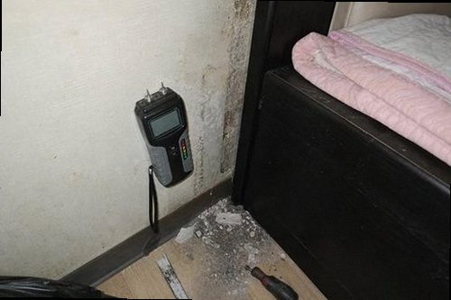 군포 누수탐지 안방 벽지에 번진 누수 흔적과 주변 상태를 확인하는 모습